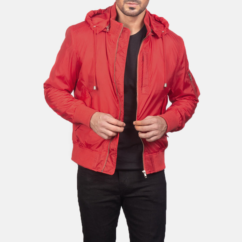 Hanklin MA-1 Rojo Hooded Chaqueta Bomber de Cuero para Hombre