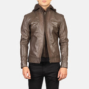 Men's Hector Marrón Hooded Chaqueta Biker de Cuero para Hombre in Brown Cowhide Leather - Vista frontal y silueta a medida | Comprar online
