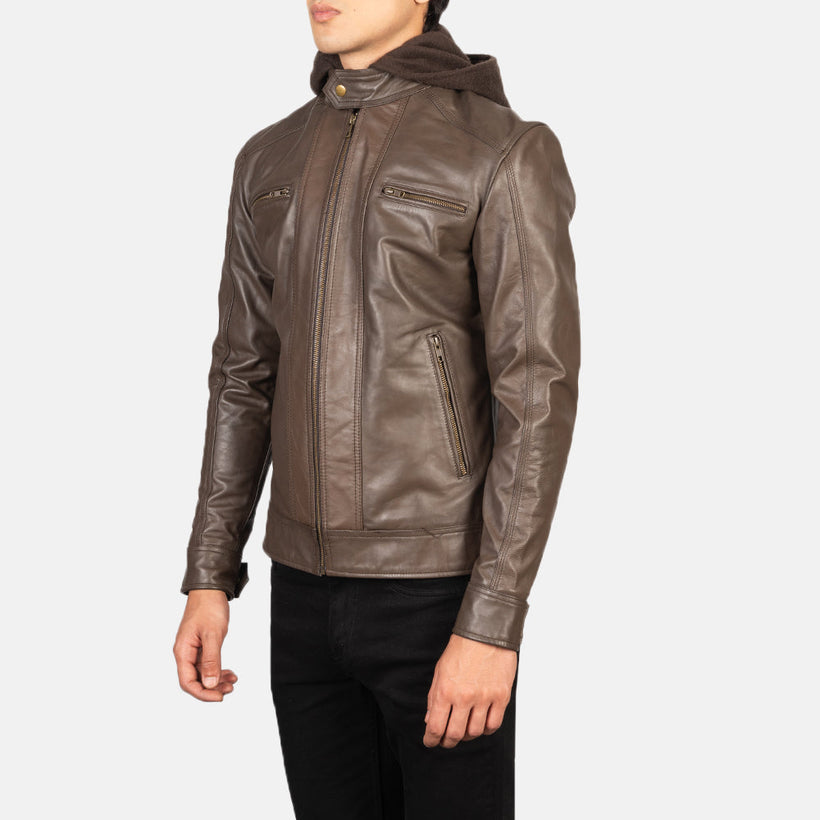 Hector Marrón Hooded Chaqueta Biker de Cuero para Hombre