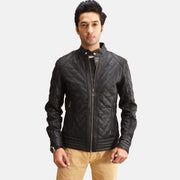 Henry Acolchado Negro Chaqueta de Cuero para Hombre in Black Sheepskin Leather - Vista frontal y silueta a medida | Comprar online