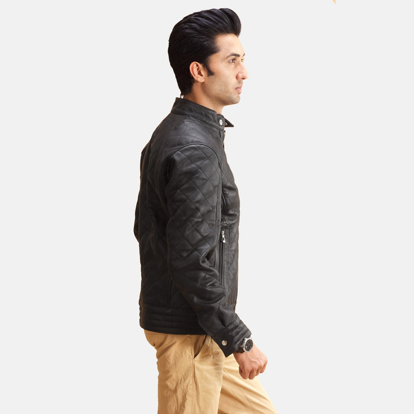 Henry Acolchado Negro Chaqueta de Cuero para Hombre