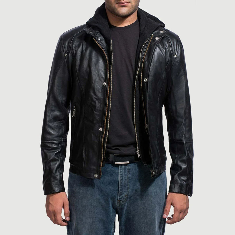Highschool Negro Hooded Chaqueta de Cuero para Hombre