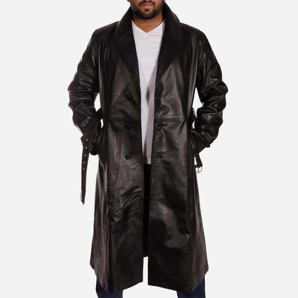 
Hooligan Negro Gabardina Trench de Cuero para Hombre - Vista lateral mostrando el corte ergonómico de mangas
