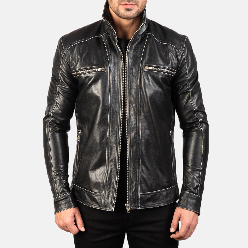 
Hudson Black Leather Biker Jacket in Black Cowhide Leather - Vista frontal y silueta entallada | Comprar online