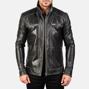 
Hudson Black Leather Biker Jacket in Black Cowhide Leather - Vista frontal y silueta entallada | Comprar online