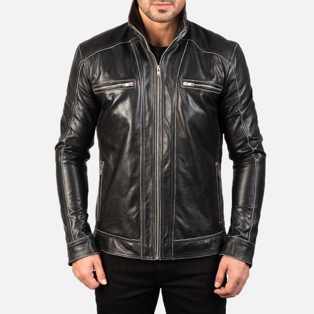 
Vista de detalle of High neck Band & Zipper Hardware on Hudson Black Leather Biker Jacket