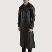 
Black. Cowhide Leather Trench Coat - Vista posterior con hombros definidos y bajo impecable