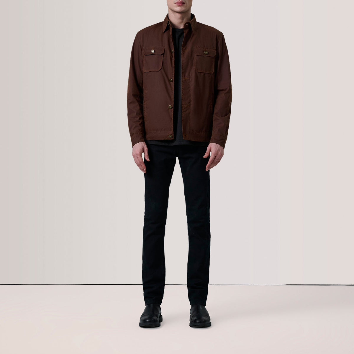 Brown Waxed Cotton Canvas Leather Jacket - Vista trasera con ajuste entallado en hombros y bajo impecable