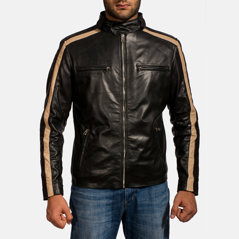 Men's Jack Negro Chaqueta Biker de Cuero para Hombre in Black Sheepskin Leather - Vista frontal y silueta a medida | Comprar online