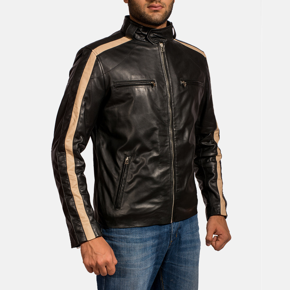 Detalle de cerca of Band with snap button &amp; Zipper Hardware on Men's Jack Negro Chaqueta Biker de Cuero para Hombre