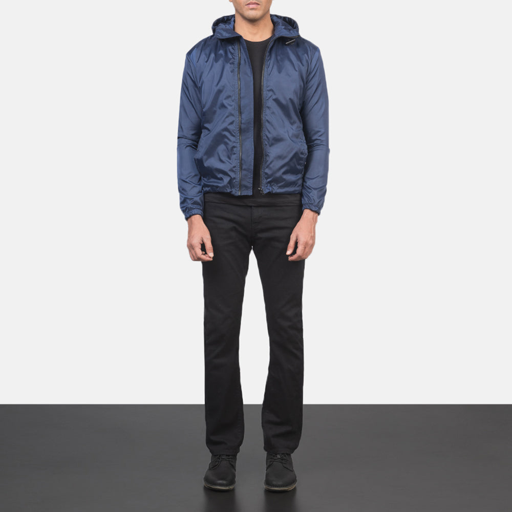Jimmy Blue Hooded Windbreaker Jacket - Vista lateral mostrando el corte ergonómico de mangas