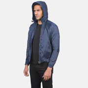 
Vista de detalle of High Neck with Hood & Zipper with wind flap Hardware on Jimmy Azul Hooded Windbreaker Chaqueta de Cuero para Hombre