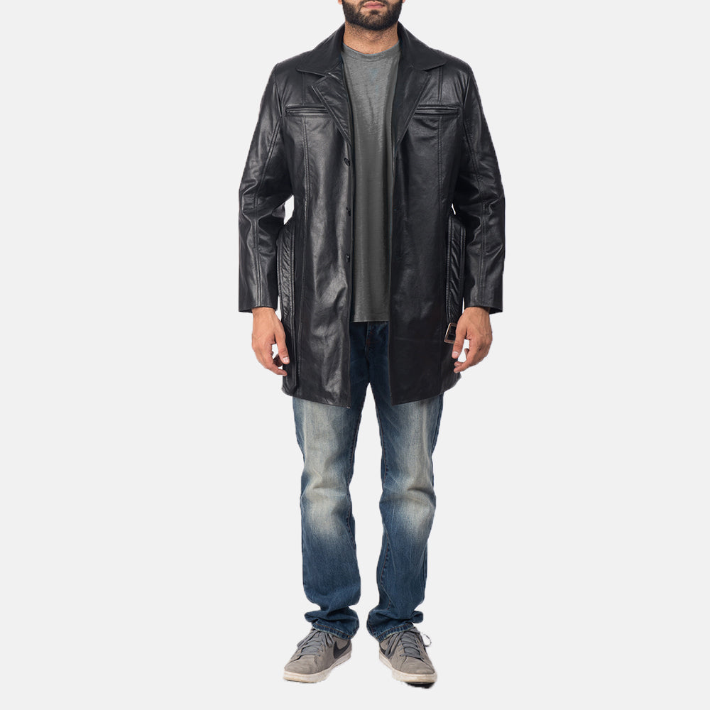 
Jordan Negro Abrigo de Cuero para Hombre - Vista lateral mostrando el corte ergonómico de mangas