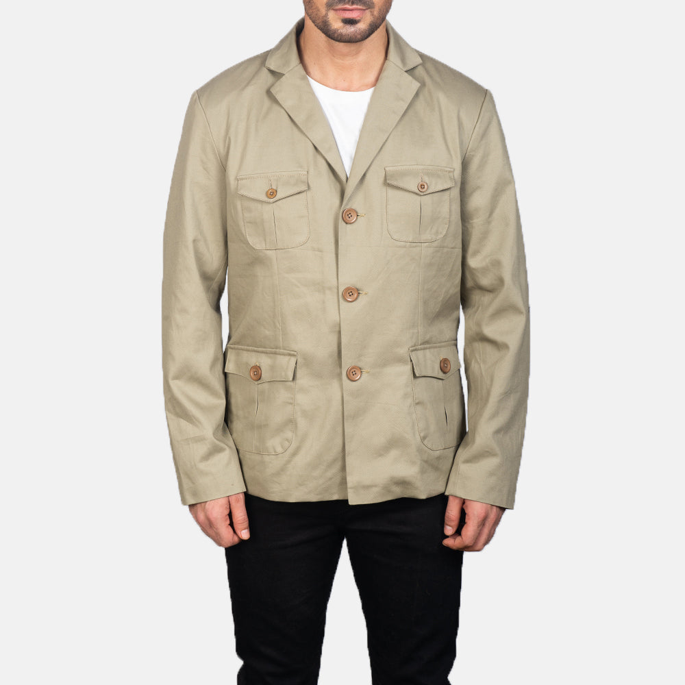 Close-Up Detail of Notch & Button Hardware on Kajetan Beige Safari Jacket