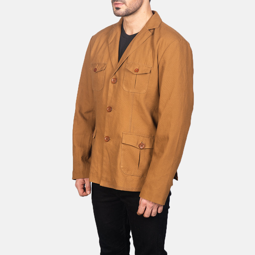 
Khaki Poly-Cotton Leather Blazer - Vista posterior con hombros definidos y bajo impecable