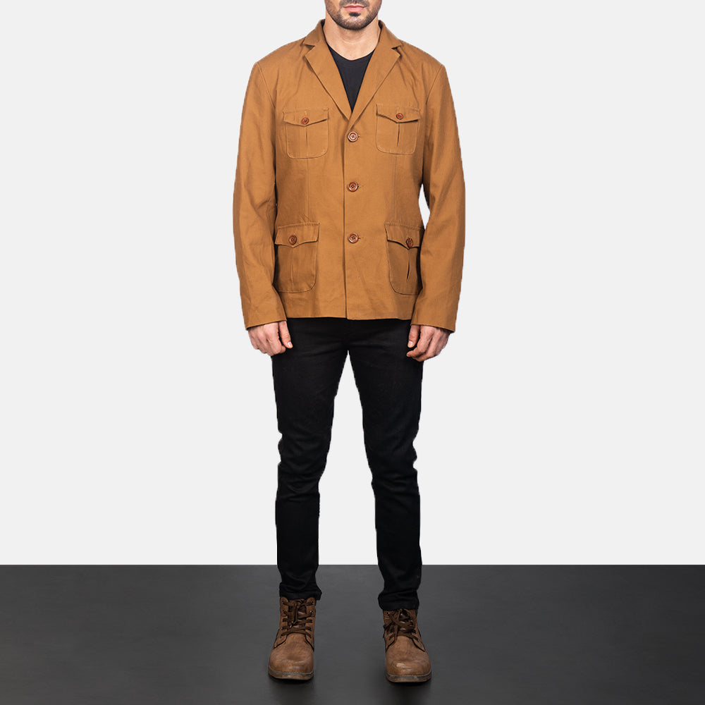 
Kajetan Khaki Safari Chaqueta de Cuero para Hombre - Vista lateral mostrando el corte ergonómico de mangas