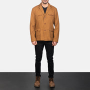 
Kajetan Khaki Safari Chaqueta de Cuero para Hombre - Vista lateral mostrando el corte ergonómico de mangas