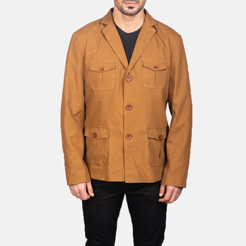Close-Up Detail of Notch & Button Hardware on Kajetan Khaki Safari Jacket