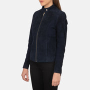 
Navy Blue Goatskin Suede Biker Jacket - Vista posterior con hombros definidos y bajo impecable