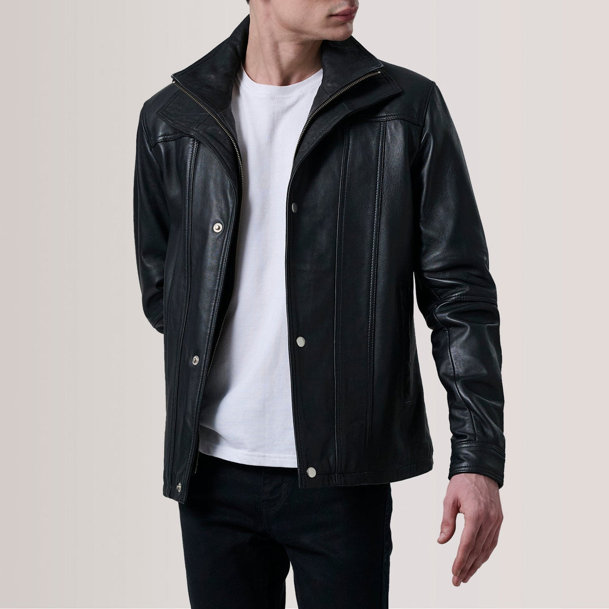 Klen Brown Classic Jacket For Men in Brown Sheepskin Leather - Vista frontal y silueta a medida | Comprar online