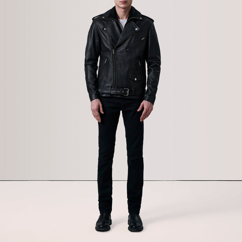 Kole Negro Leather Double Rider Chaqueta de Cuero para Hombre