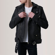 
Kole Negro Envejecido Leather Double Rider Chaqueta de Cuero para Hombre in Distressed Black Sheepskin Snuffed - Vista frontal y silueta entallada | Comprar online