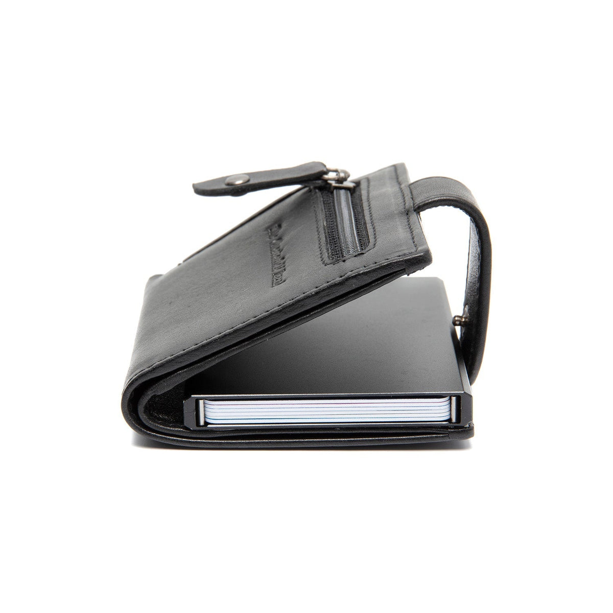 Barrea Full-Grain Leather Card Holder para Mujer - Structured Side Profile Showing Gusset Depth &amp; Expansion Capacity