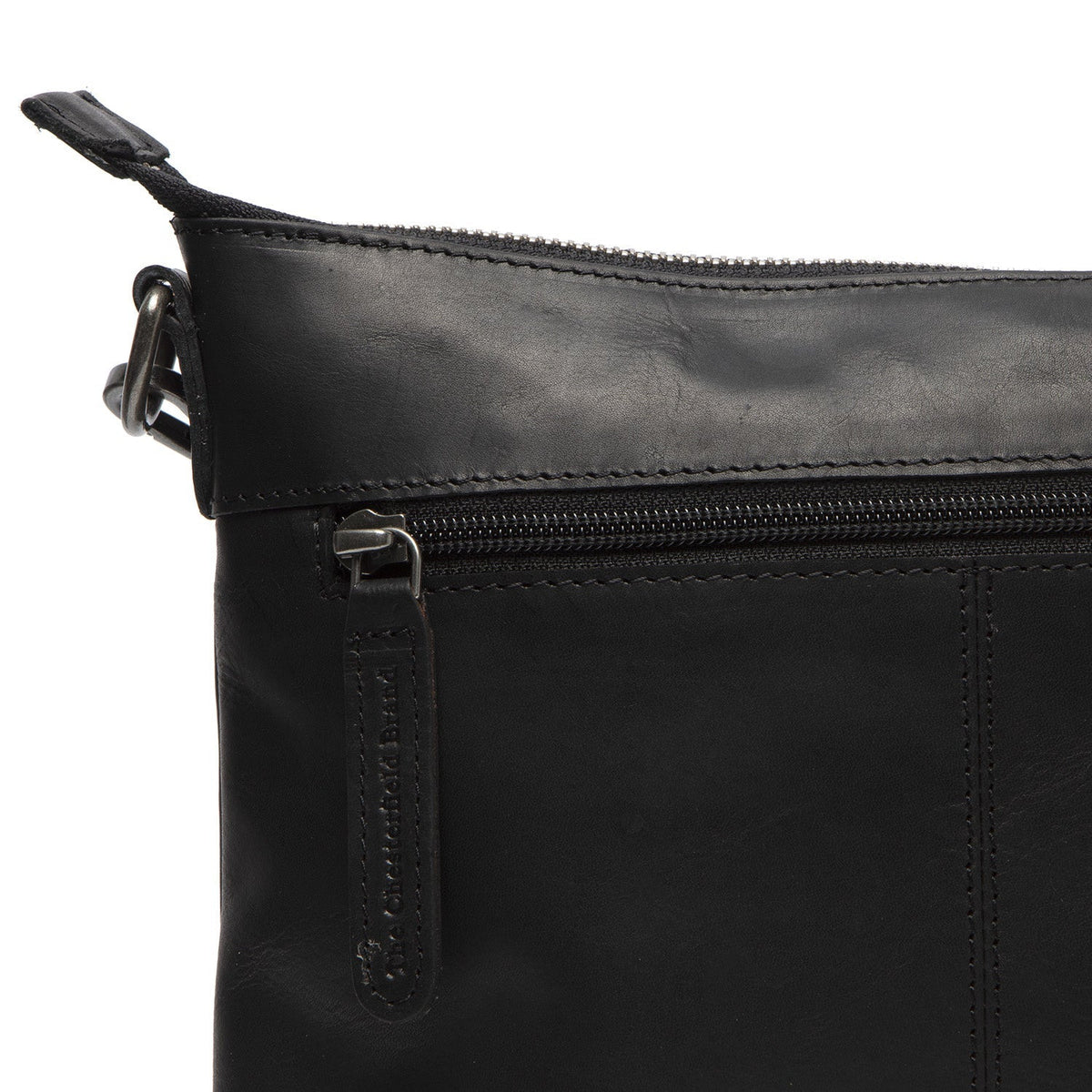 
Solid Antique Brass Hardware & Heavy-Duty Dual Zipper Detail on Faro Bandolera de cuero flor