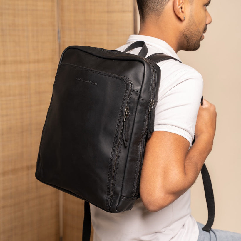 Classic 100% Full-Grain leather Backpack - Rear Perspective Showing Reinforced Leather Straps & Stitching