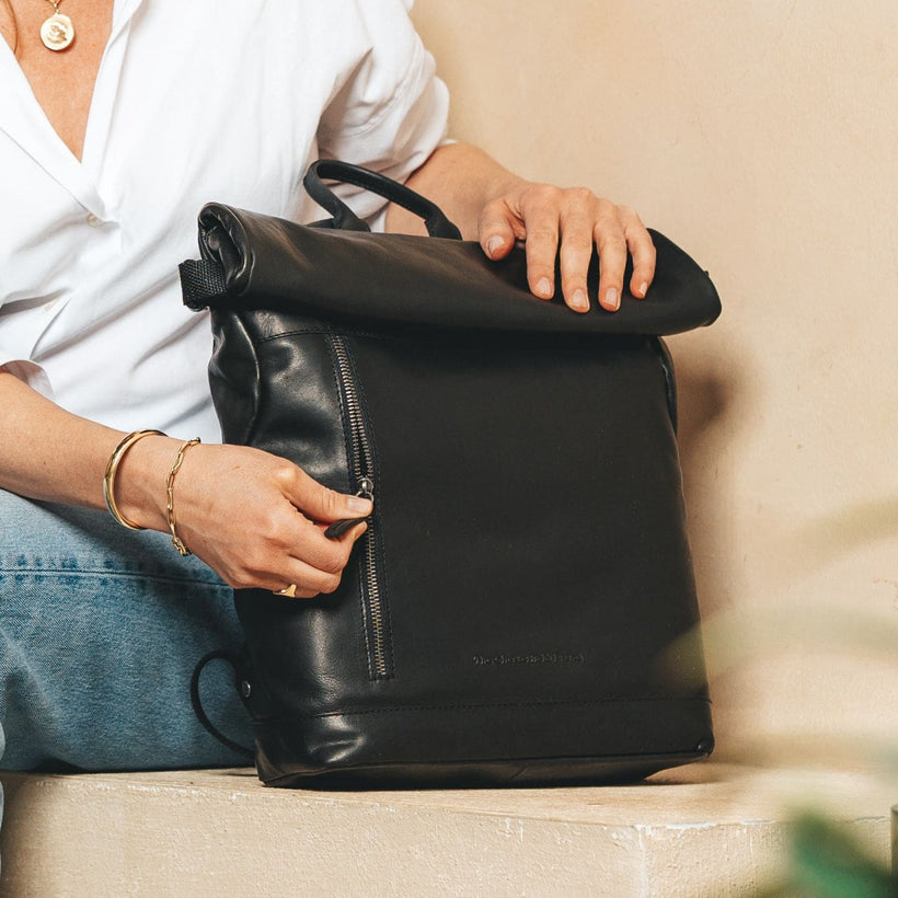 Classic 100% Full-Grain leather Backpack - Rear Perspective Showing Reinforced Leather Straps & Stitching