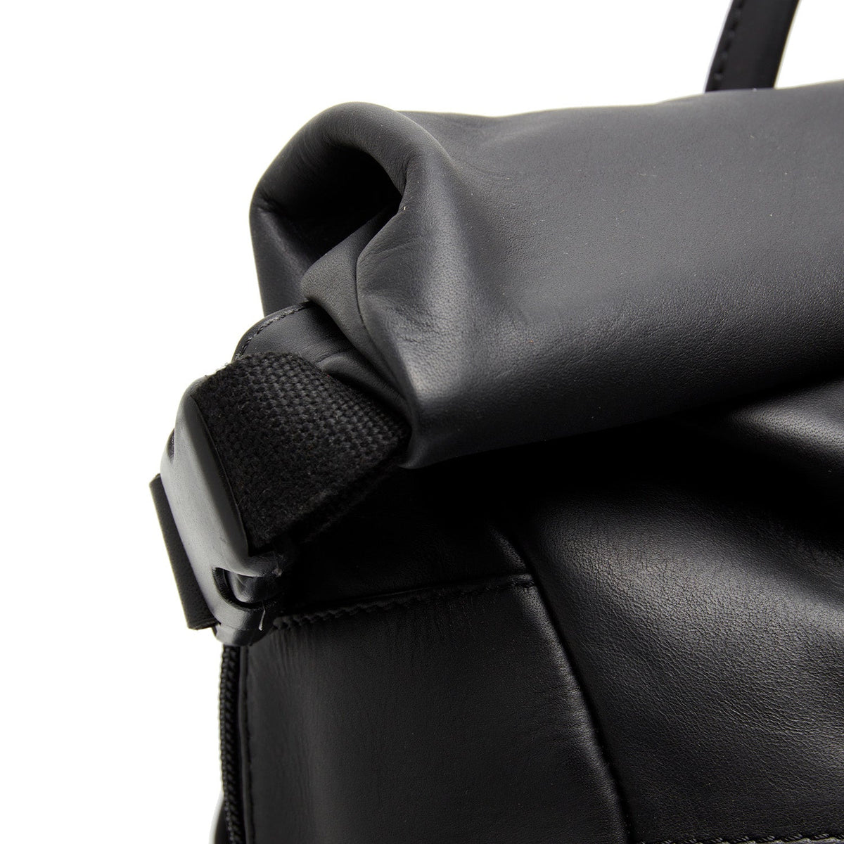 Mazara Full-Grain Leather Roll-top Backpack - Structured Side Profile Showing Gusset Depth & Expansion Capacity