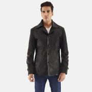 Leo Negro Abrigo de Cuero para Hombre in Black Cowhide Leather - Vista frontal y silueta a medida | Comprar online