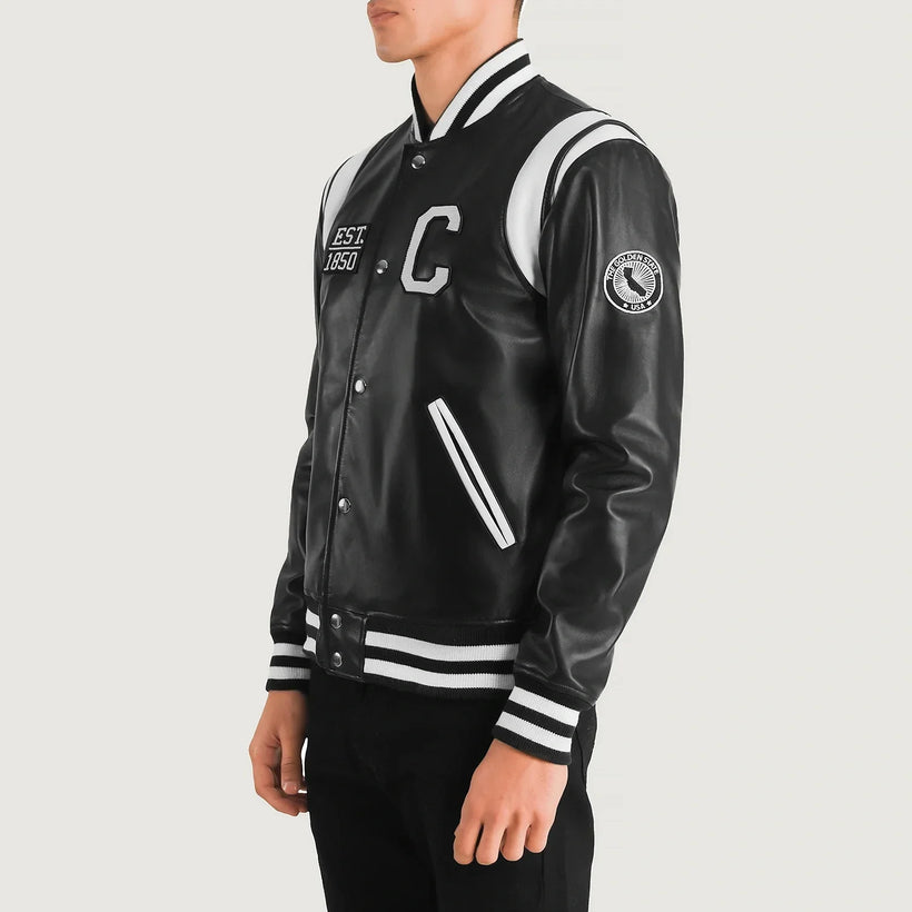 Liberte California Negro Leather Varsity Chaqueta de Cuero para Hombre