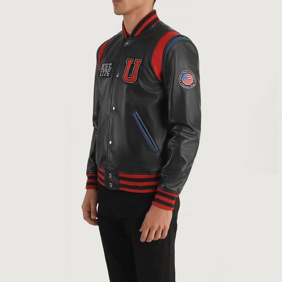 Black Sheepskin Leather Varsity Jacket - Vista trasera con ajuste entallado en hombros y bajo impecable