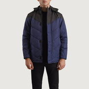 
Luka Negro & Azul Hooded Puffer Chaqueta de Cuero para Hombre in Black & Blue Full-Grain Leather - Vista frontal y silueta entallada | Comprar online