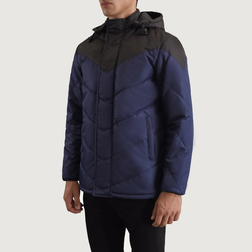 Luka Negro & Azul Hooded Puffer Chaqueta de Cuero para Hombre