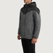 
Black & Grey Full-Grain Leather Hooded Jacket - Vista posterior con hombros definidos y bajo impecable