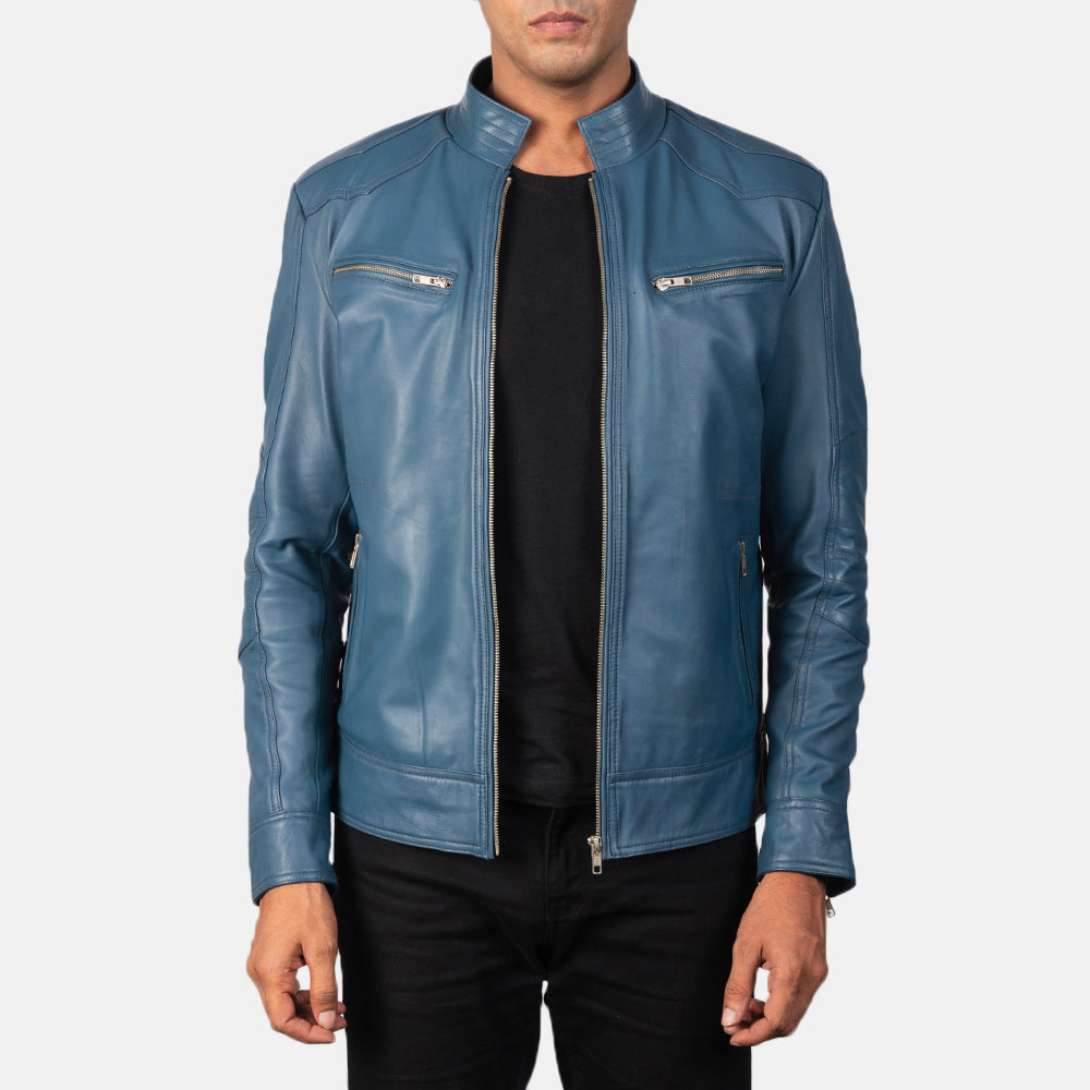 Mack Azul Chaqueta Biker de Cuero para Hombre in Blue Sheepskin Leather - Vista frontal y silueta a medida | Comprar online