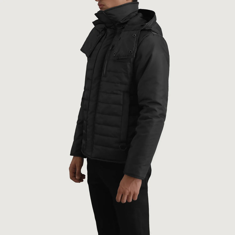 Malcolm Negro Hooded Puffer Chaqueta de Cuero para Hombre