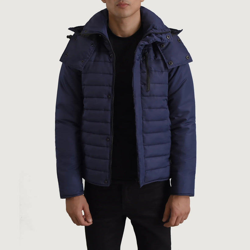 Malcolm Azul Hooded Puffer Chaqueta de Cuero para Hombre