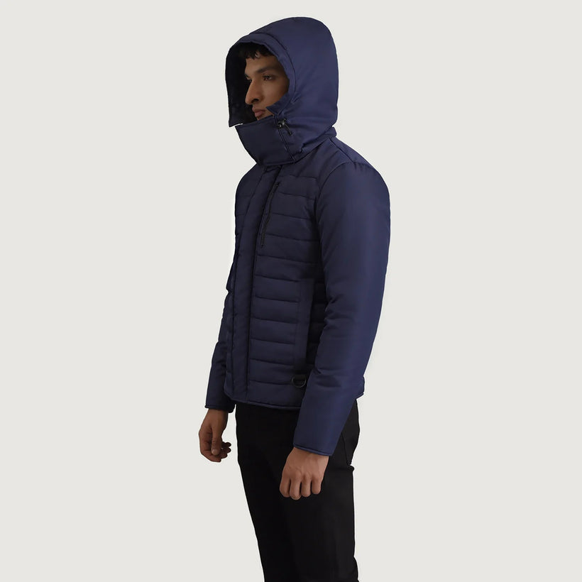 Malcolm Azul Hooded Puffer Chaqueta de Cuero para Hombre