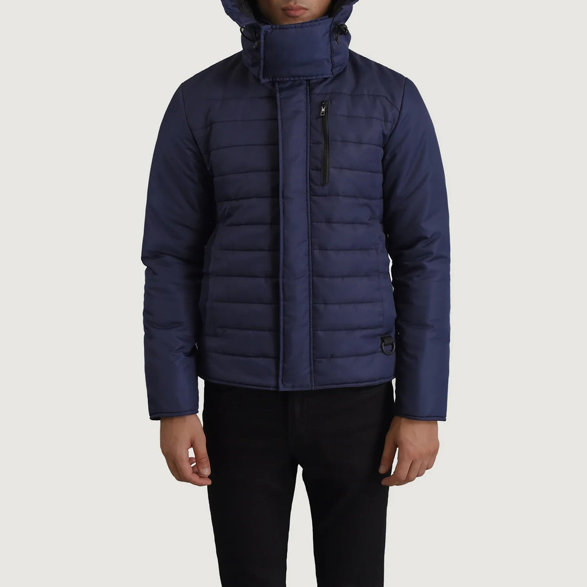 
Vista de detalle of Classic Collar & Zipper With Placket Hardware on Malcolm Azul Hooded Puffer Chaqueta de Cuero para Hombre