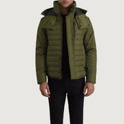 
Malcolm Verde Hooded Puffer Chaqueta de Cuero para Hombre in Green Full-Grain Leather - Vista frontal y silueta entallada | Comprar online
