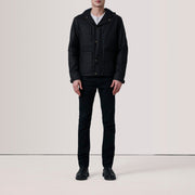 
Black Waxed Cotton Canvas Hooded Jacket - Vista posterior con hombros definidos y bajo impecable