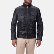 Maurice Negro Chaqueta de Cuero para Hombre in Black Sheepskin Leather - Vista frontal y silueta a medida | Comprar online