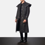 
Distressed Black Sheepskin Snuffed Trench Coat - Vista posterior con hombros definidos y bajo impecable