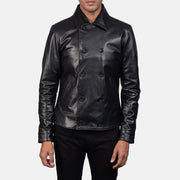 Mod Negro Leather Peacoat para Hombre in Black Cowhide Leather - Vista frontal y silueta a medida | Comprar online