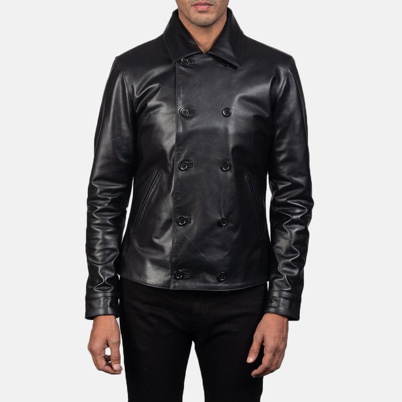 Mod Negro Leather Peacoat para Hombre