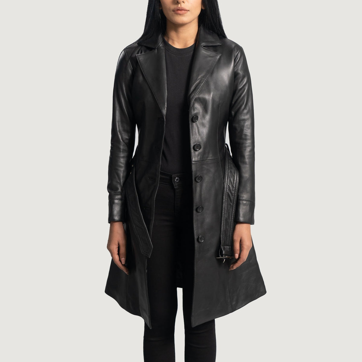 Women's Moonlight Negro Trench de Cuero para Mujer in Black Sheepskin Leather - Vista frontal y silueta a medida | Comprar online