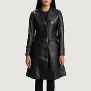 Detalle de cerca of Notch &amp; Button Hardware on Women's Moonlight Negro Trench de Cuero para Mujer